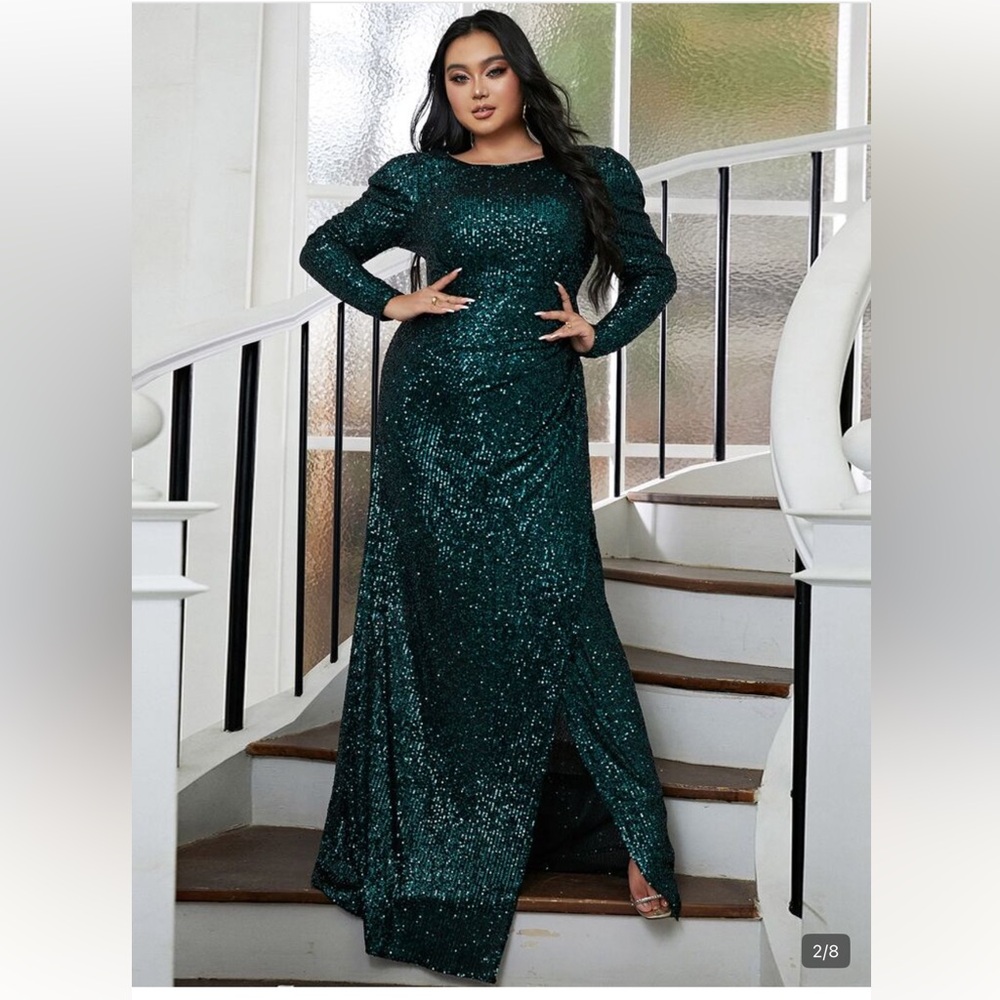 Plus Backless Bow Back Split Thigh Sequin Prom Dr… - image 1